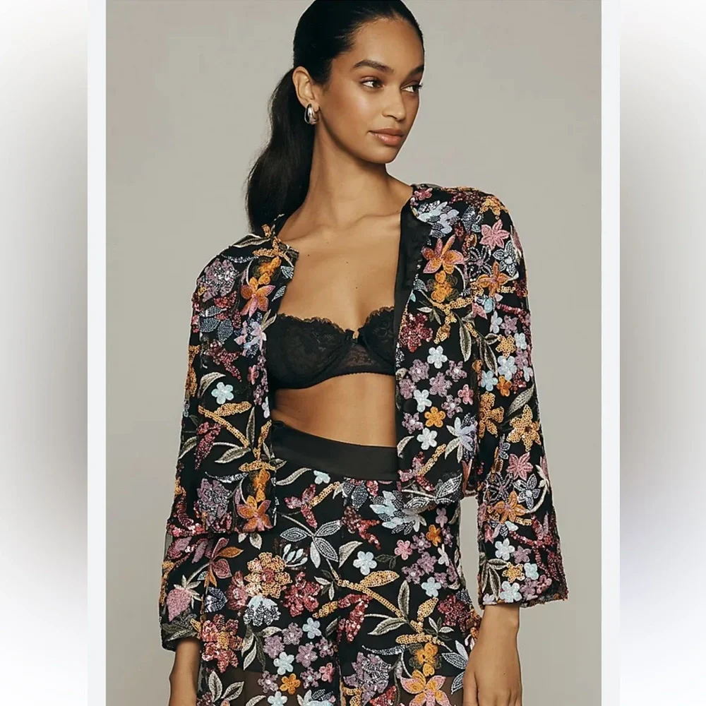 Anthropologie TINY floral slightly cropped sequins lined party Small blazer